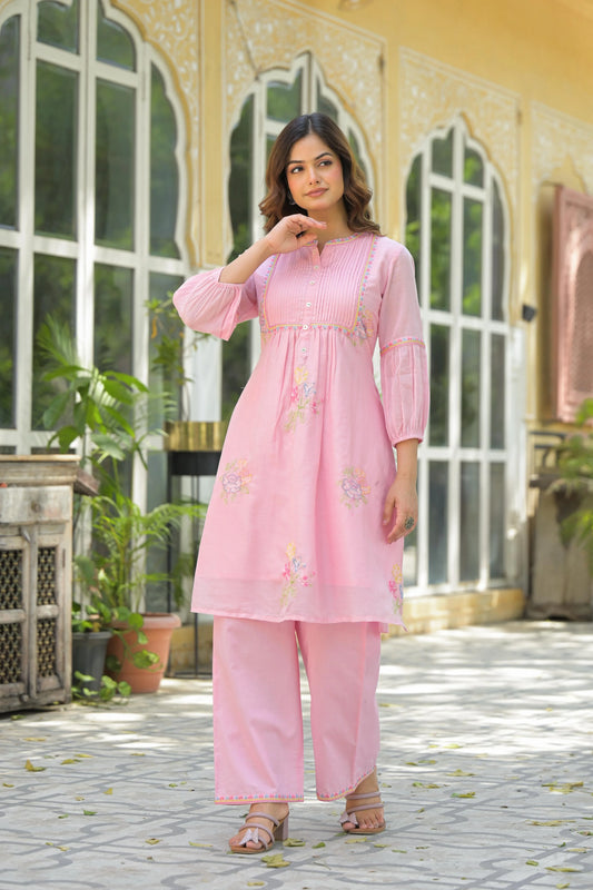 Elegant Mul Cotton A-Line Kurta Set in Pink