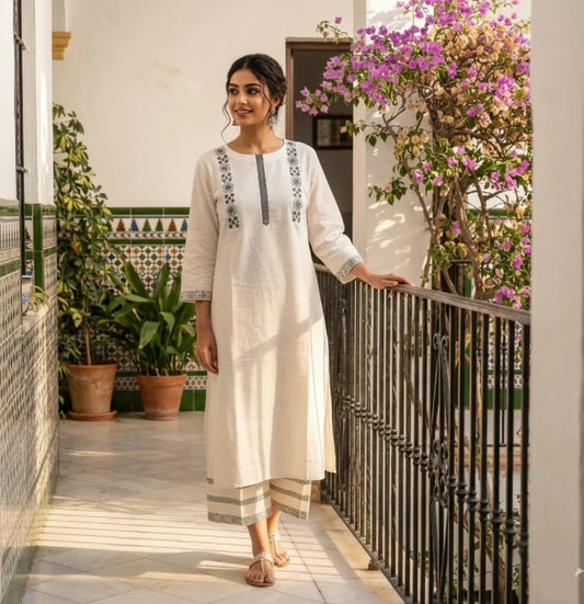 Elegant Off White Straight fit Embroidered Cotton Kurta with Palazzo