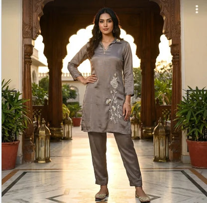 Elegant Sequin Embroidered Co-ord Set in Premium Chinon Silk (Wood Brown)