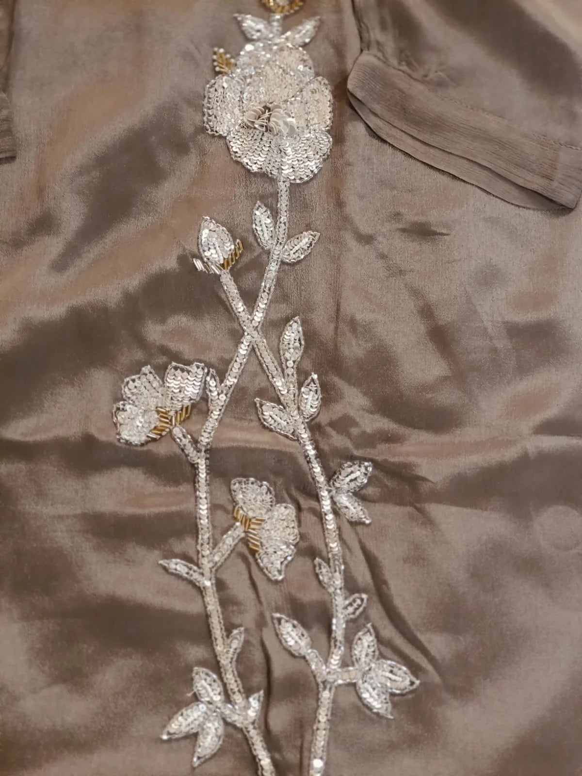 Elegant Sequin Embroidered Co-ord Set in Premium Chinon Silk (Wood Brown)