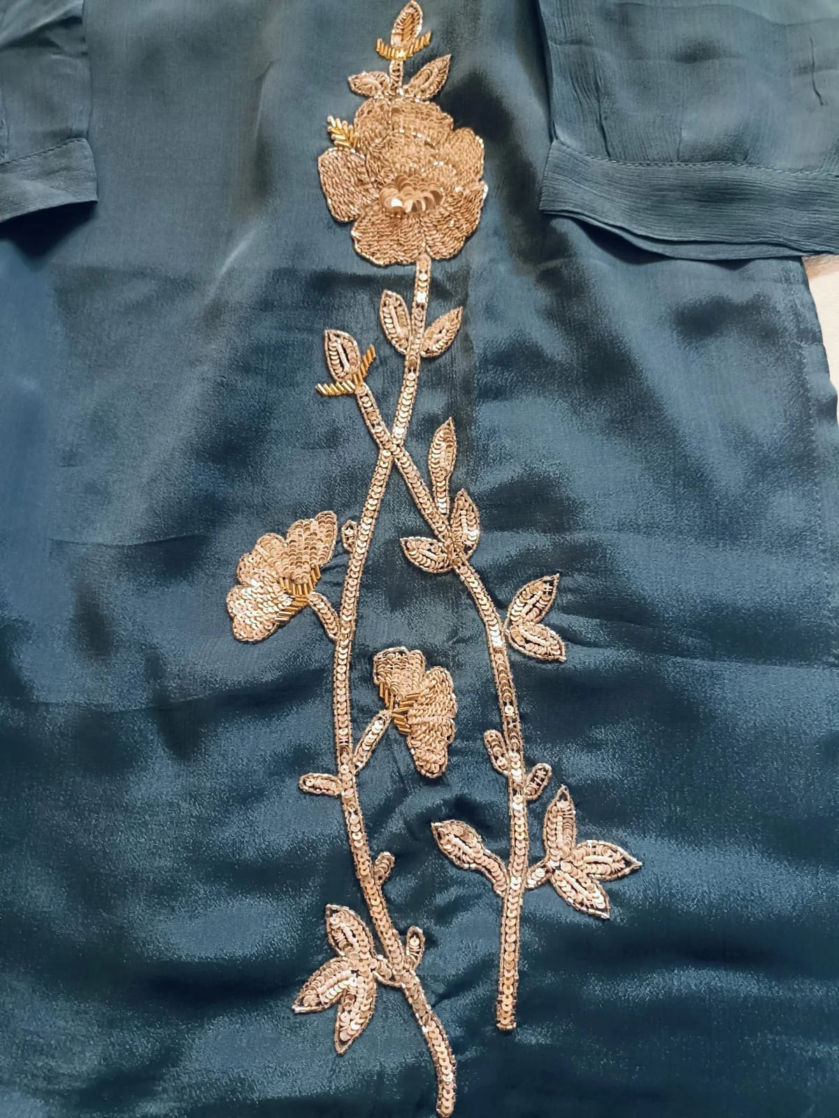 Elegant Sequin Embroidered Co-ord Set in Premium Chinon Silk (Teal Blue)