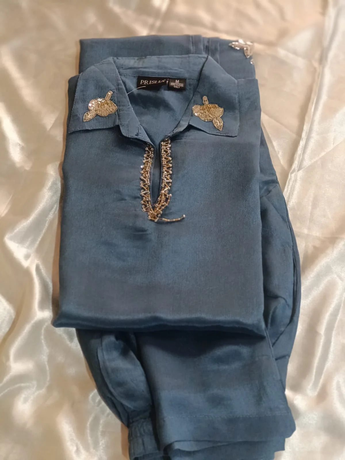 Elegant Sequin Embroidered Co-ord Set in Premium Chinon Silk (Teal Blue)