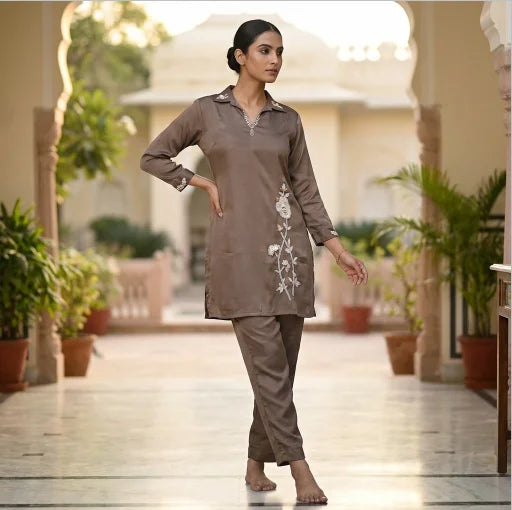 Elegant Sequin Embroidered Co-ord Set in Premium Chinon Silk (Wood Brown)