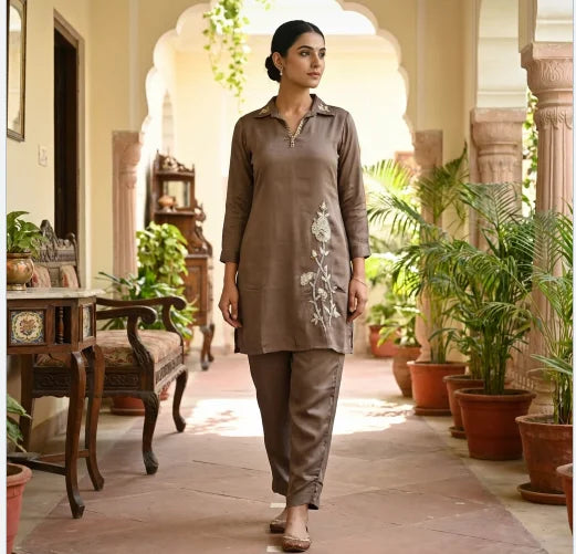 Elegant Sequin Embroidered Co-ord Set in Premium Chinon Silk (Wood Brown)