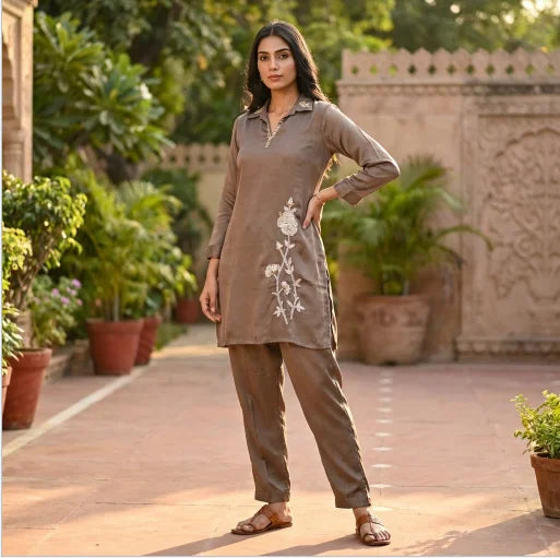 Elegant Sequin Embroidered Co-ord Set in Premium Chinon Silk (Wood Brown)