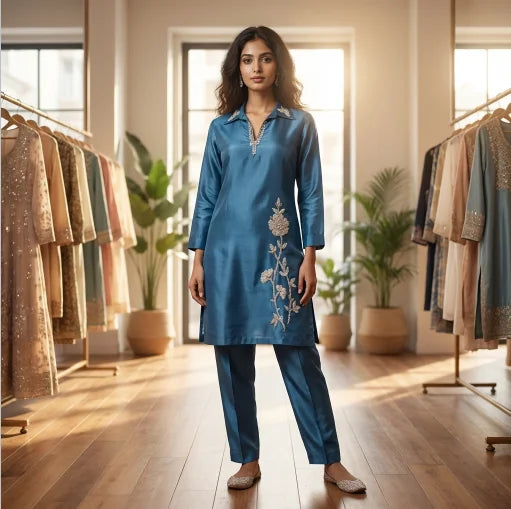 Elegant Sequin Embroidered Co-ord Set in Premium Chinon Silk (Teal Blue)