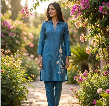 Elegant Sequin Embroidered Co-ord Set in Premium Chinon Silk (Teal Blue)