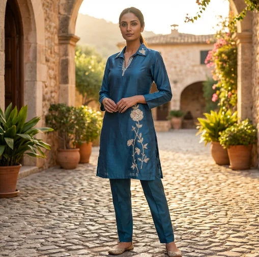 Elegant Sequin Embroidered Co-ord Set in Premium Chinon Silk (Teal Blue)