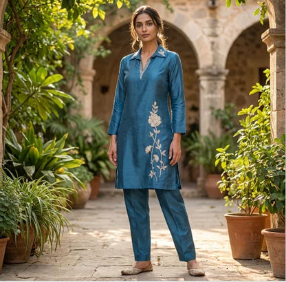 Elegant Sequin Embroidered Co-ord Set in Premium Chinon Silk (Teal Blue)