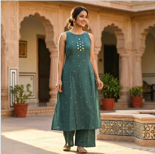 Elegant Teal Green Sleeveless Kurta and Palazzo Pant Set