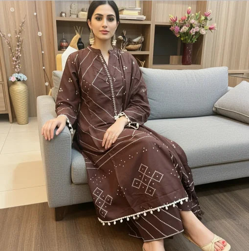 Elegant Ivory Shell Embellished Brown Kurta Set with Afghani Pants