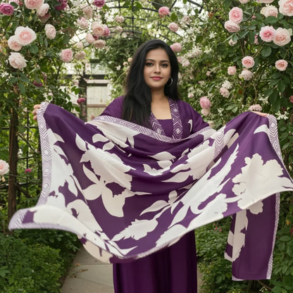 Elegant Purple Floral Printed Sequined Kurta Set
