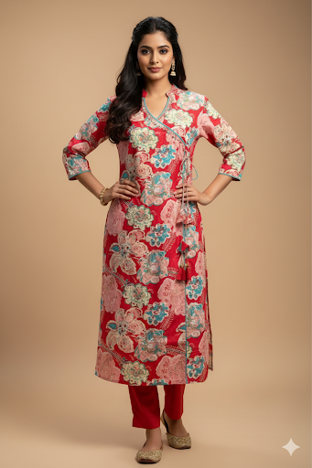 Trendy Red Floral Angarakha Kurta and Pant Set