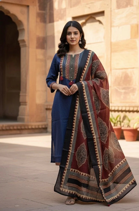 Pure Cotton Suit In Blue With Printed Dupatta