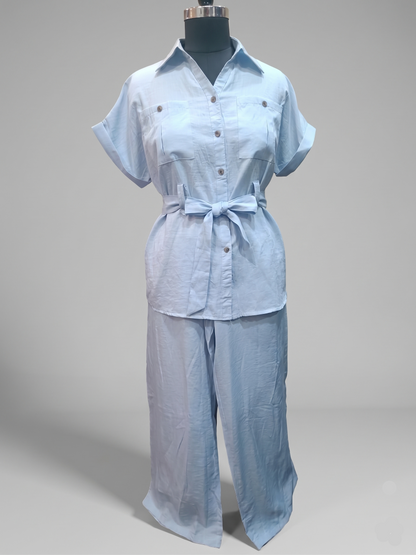 Trendy Powdered Blue Co-ord Set In Blended Linen