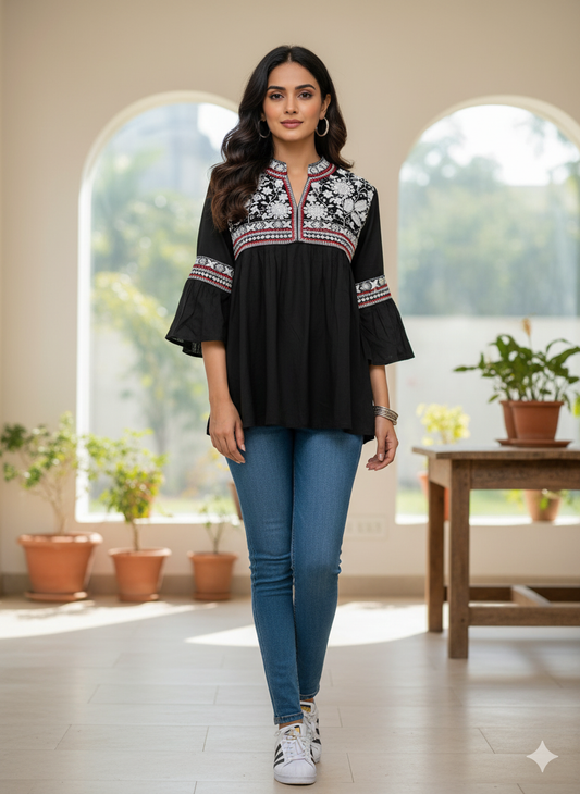 Elegant Cotton Embroidered Short Kurta in Black