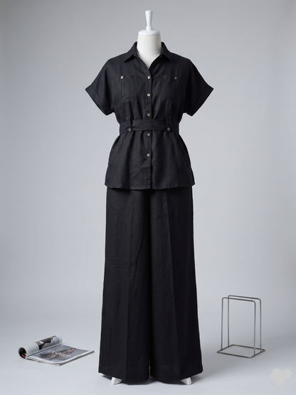 Trendy Black Co-ord Set In Blended Linen