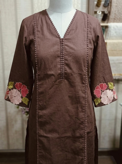 Beautiful Chocolate Brown Floral Embroidered Kurti Set