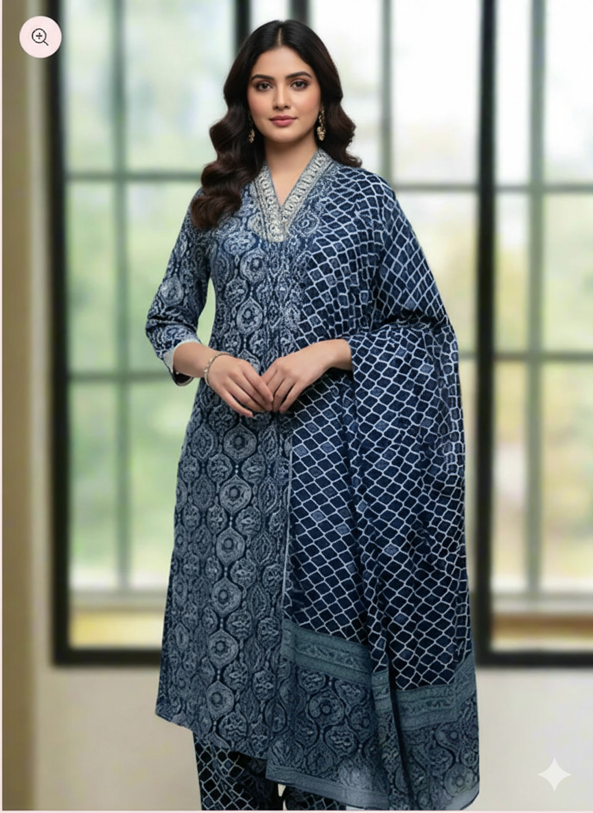 Elegant Hand Block Cotton Printed Cotton Suit in Indigo