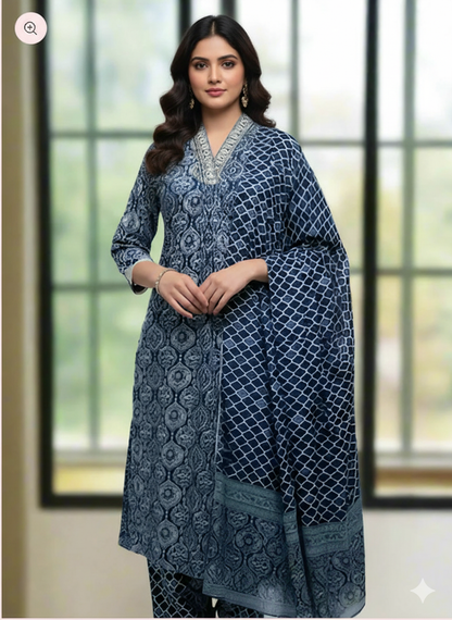 Elegant Hand Block Cotton Printed Cotton Suit in Indigo