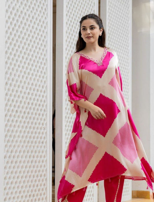 Vibrant Pink Geometric Print Kaftan Set