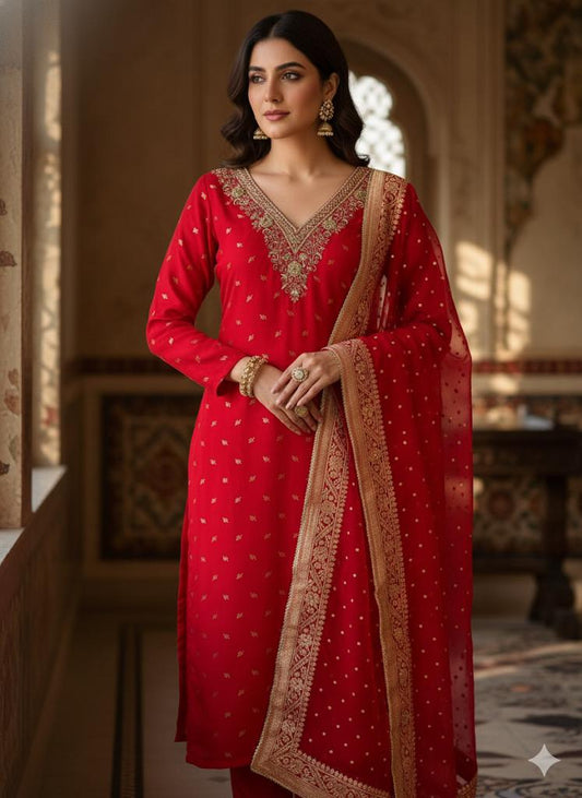 Premium Banarasi Silk Suit in Red