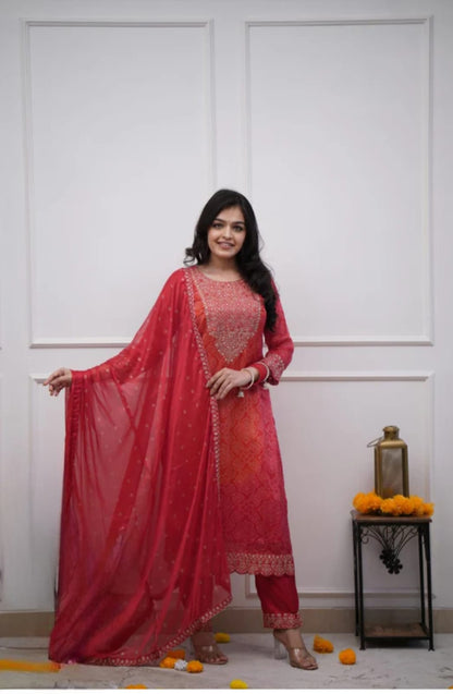 Elegant Silk BandhejSuit With Beautiful Dupatta