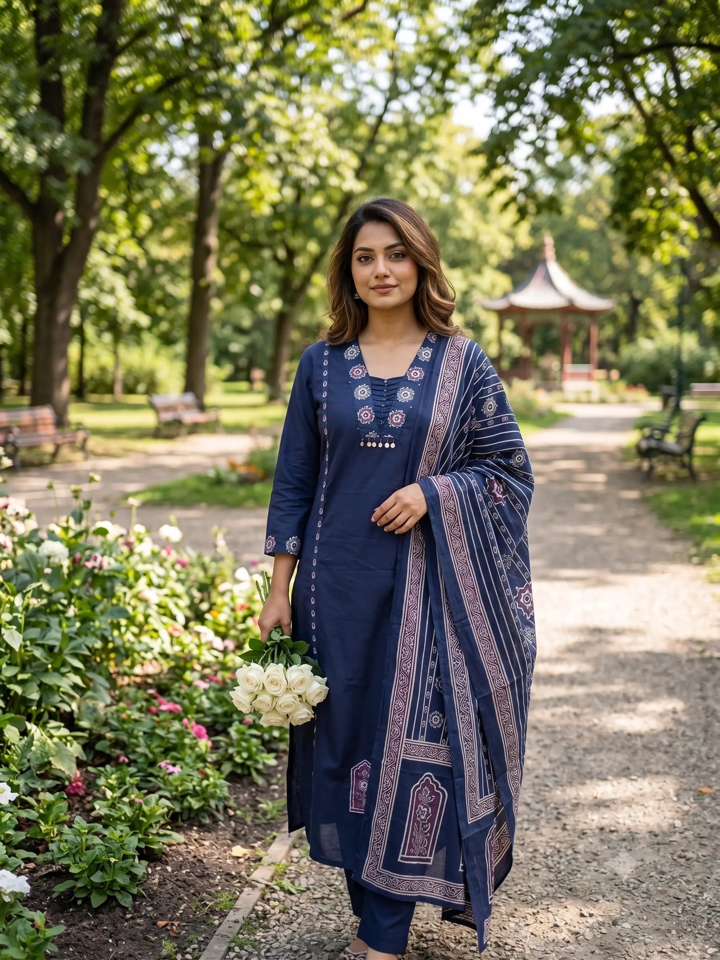 Elegant Indigo Blue Ajrak Inspired Kurta Set