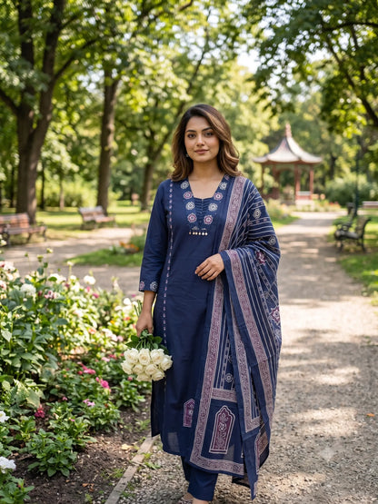 Elegant Indigo Blue Ajrak Inspired Kurta Set