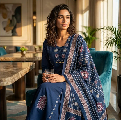 Elegant Indigo Blue Ajrak Inspired Kurta Set