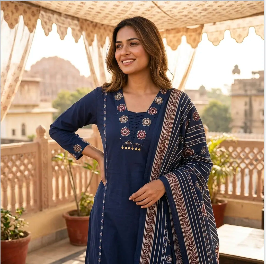 Elegant Indigo Blue Ajrak Inspired Kurta Set