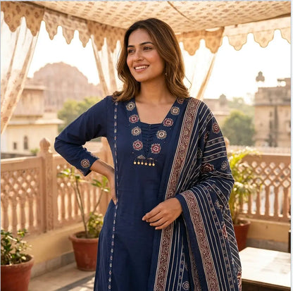 Elegant Indigo Blue Ajrak Inspired Kurta Set