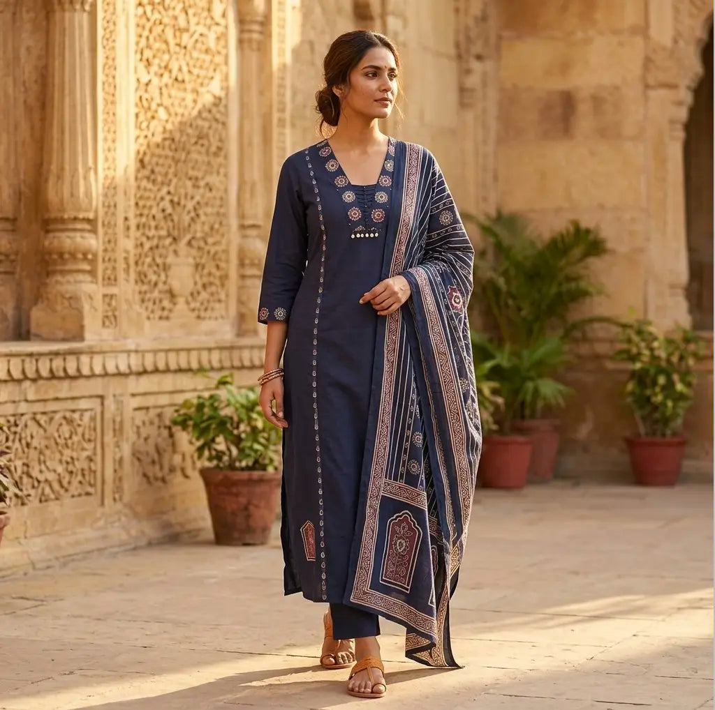 Elegant Indigo Blue Ajrak Inspired Kurta Set