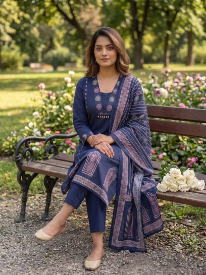 Elegant Indigo Blue Ajrak Inspired Kurta Set