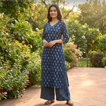 Beautiful Navy Blue Hand Block Print Kurta Set