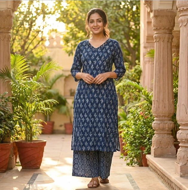 Beautiful Navy Blue Hand Block Print Kurta Set
