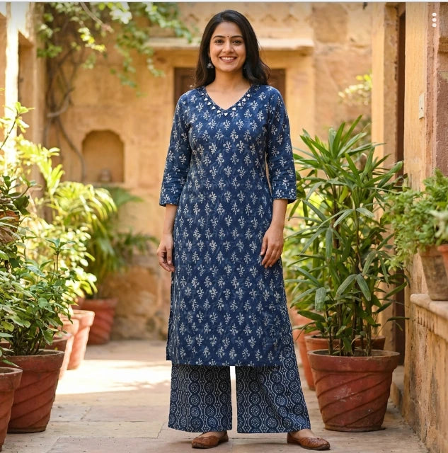 Beautiful Navy Blue Hand Block Print Kurta Set