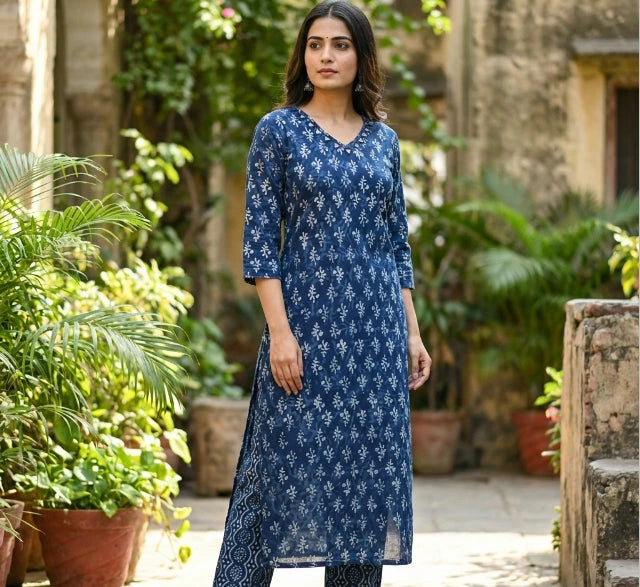 Beautiful Navy Blue Hand Block Print Kurta Set
