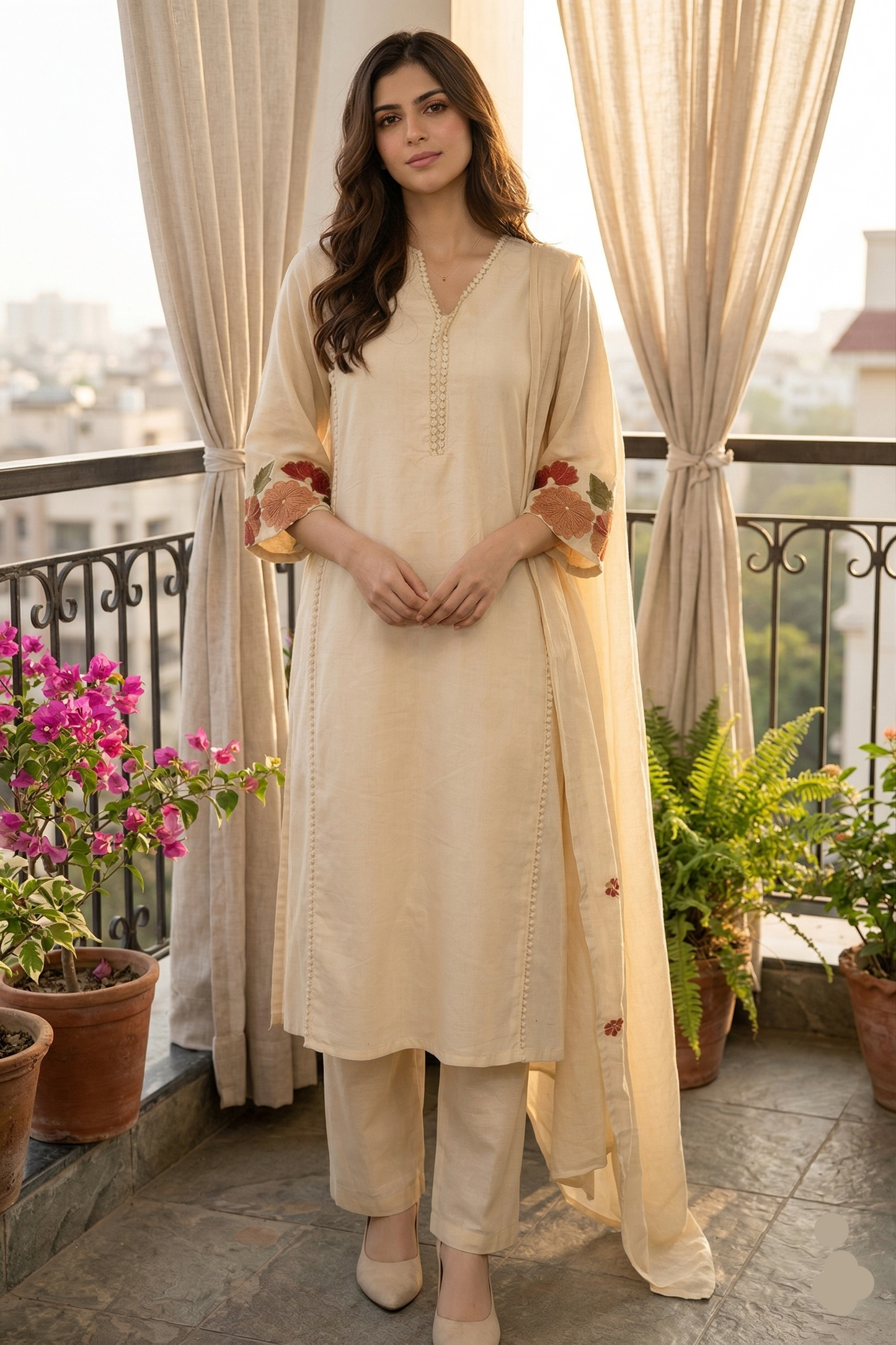 Beautiful Ivory Floral Embroidered Kurti Set