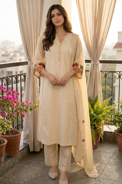 Beautiful Ivory Floral Embroidered Kurti Set