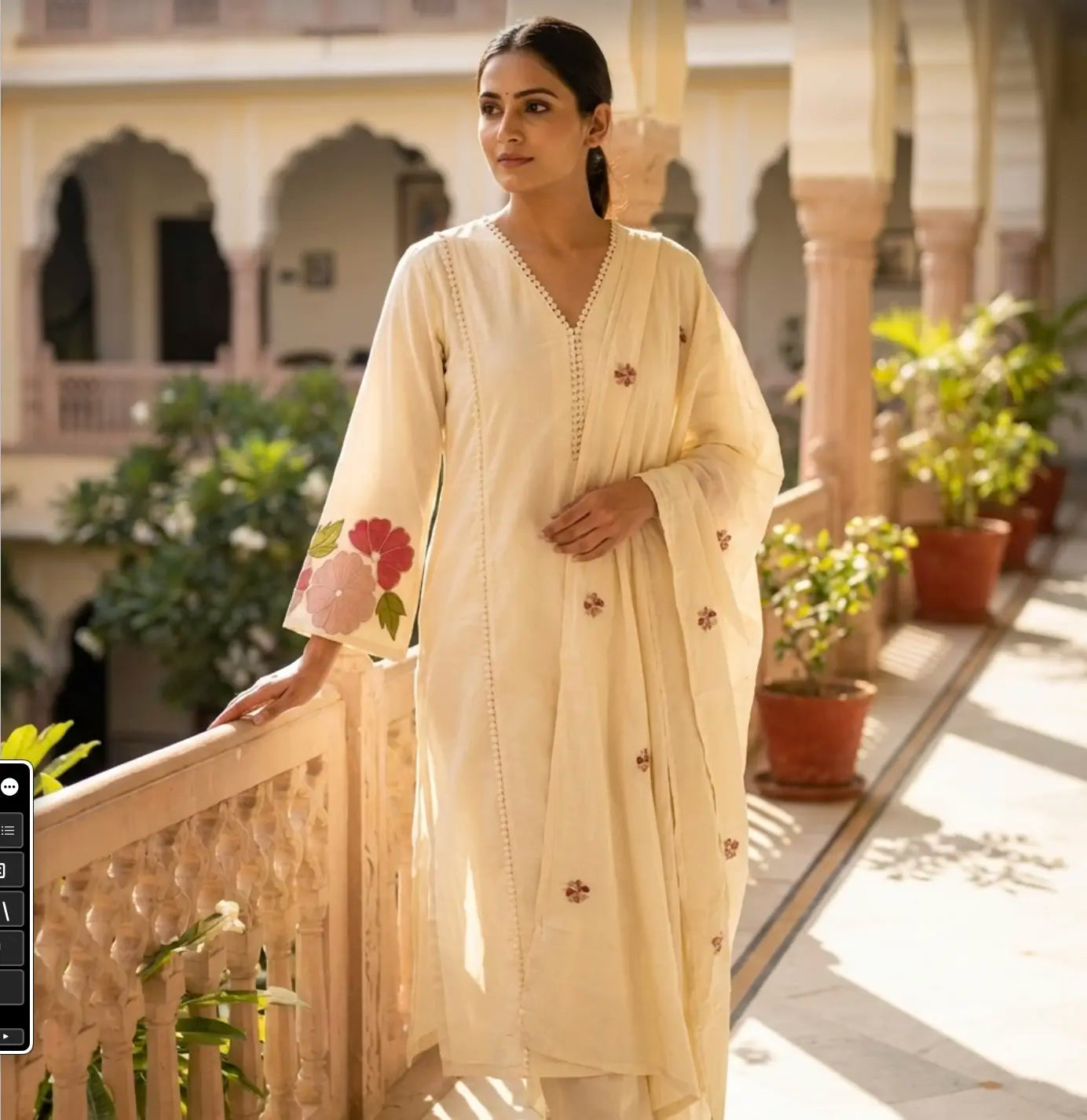 Beautiful Ivory Floral Embroidered Kurti Set