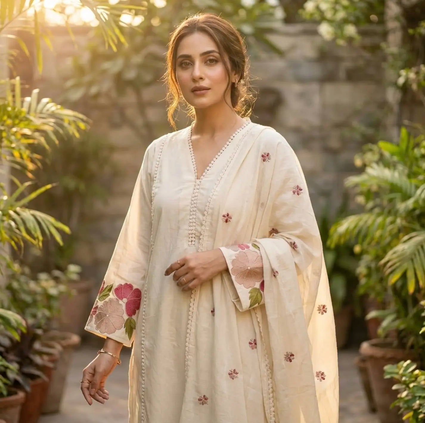 Beautiful Ivory Floral Embroidered Kurti Set