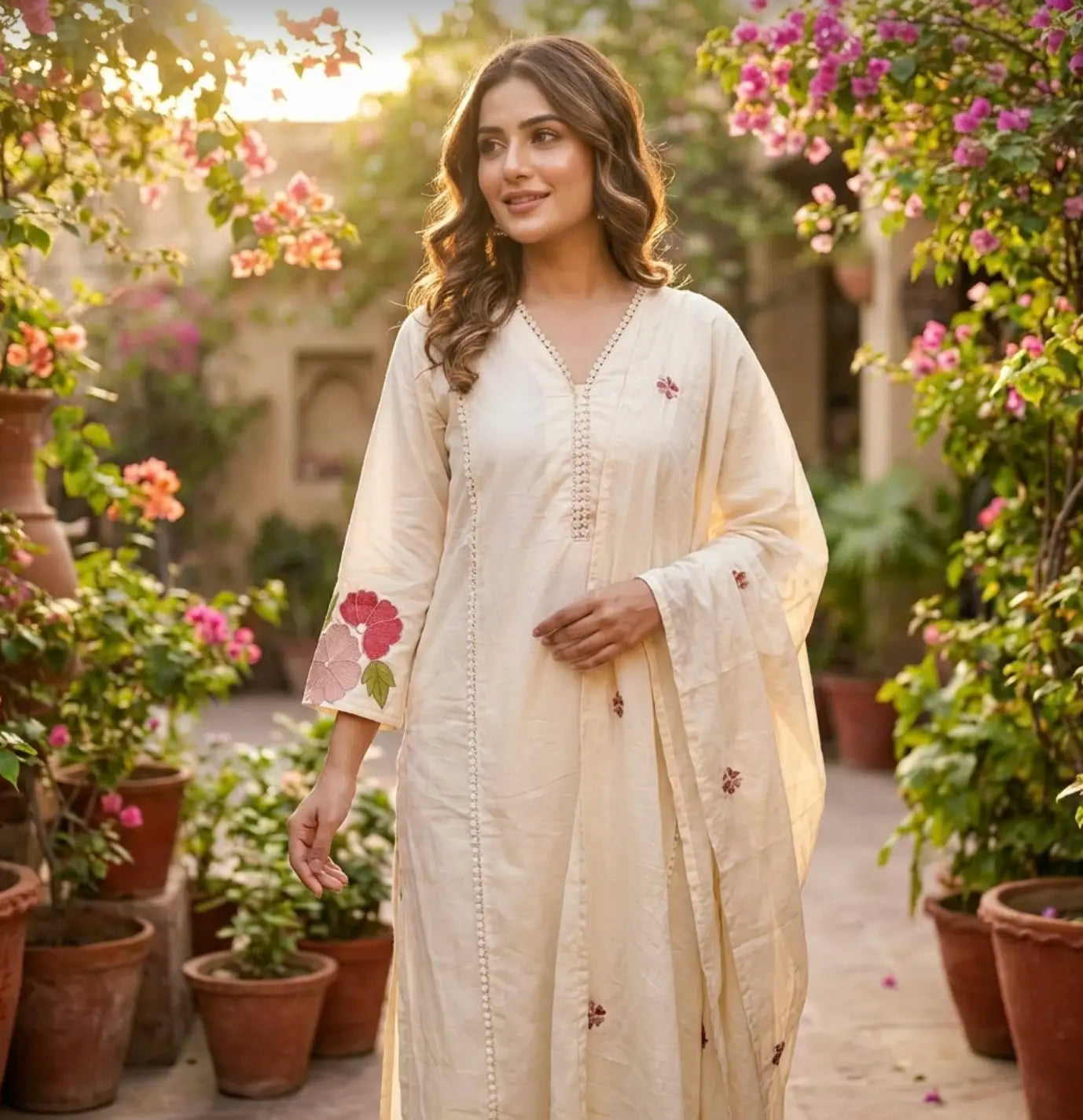 Beautiful Ivory Floral Embroidered Kurti Set