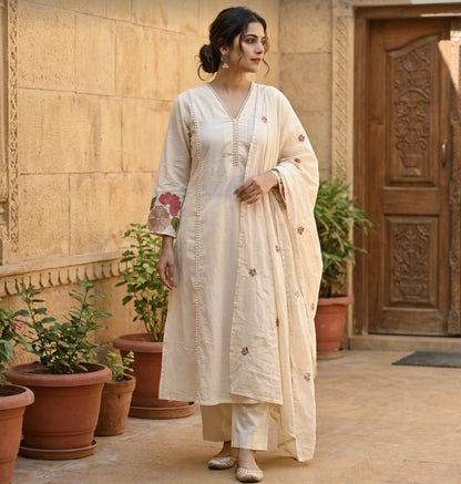 Beautiful Ivory Floral Embroidered Kurti Set