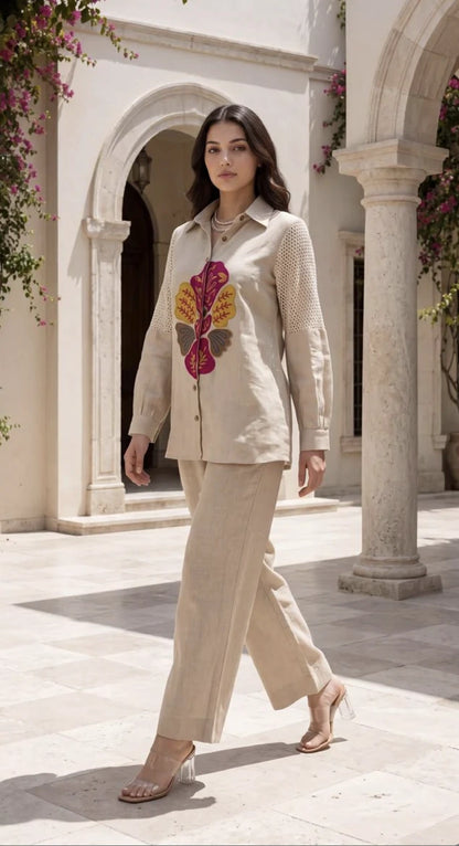 Elegant Beige Embroidered Jute Co-ord Set
