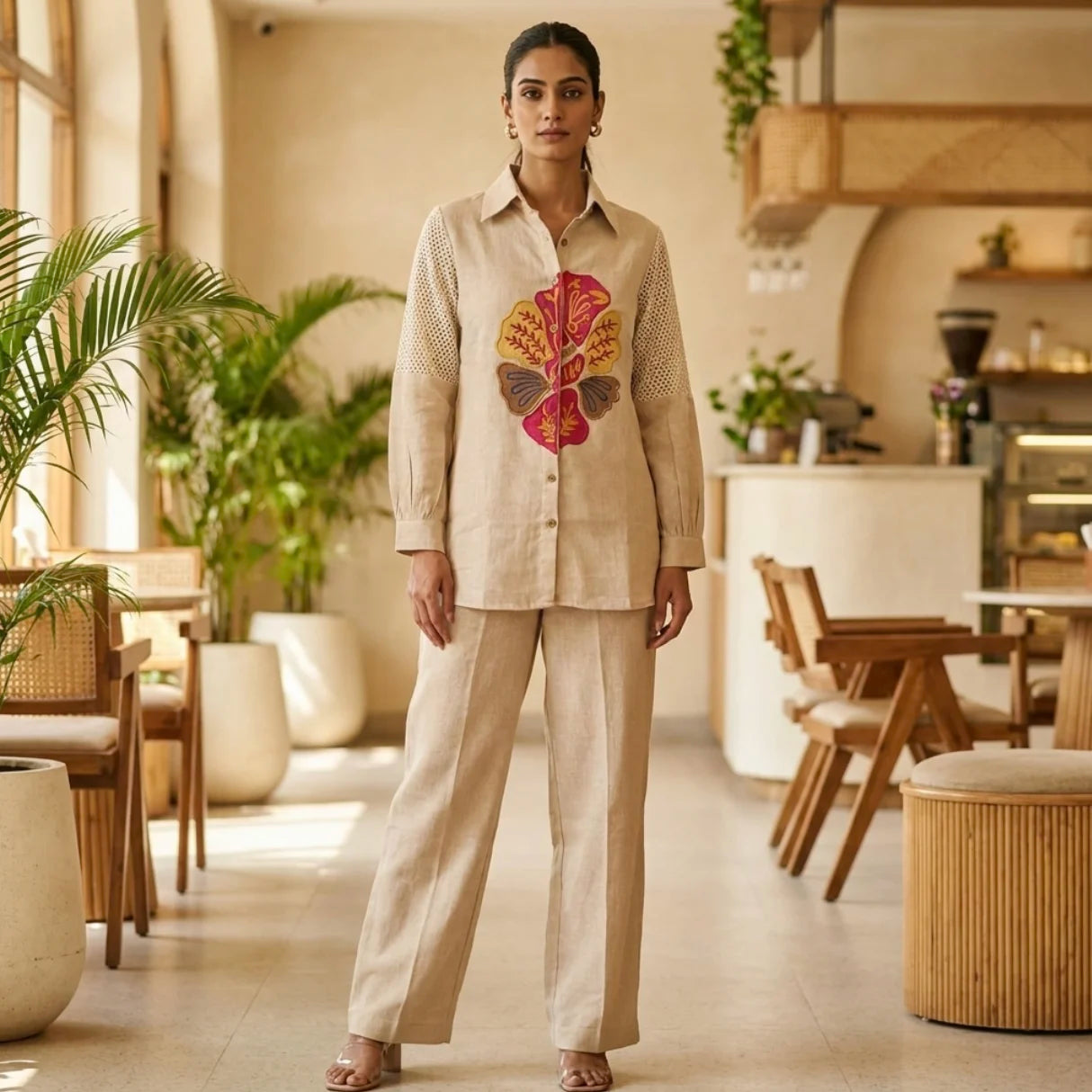 Elegant Beige Embroidered Jute Co-ord Set