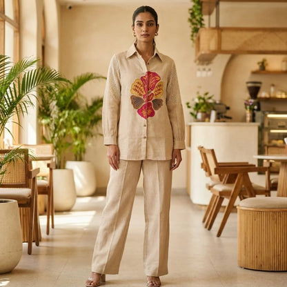 Elegant Beige Embroidered Jute Co-ord Set
