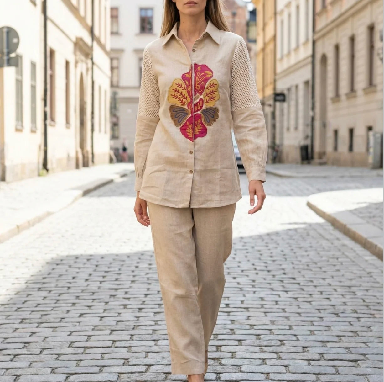Elegant Beige Embroidered Jute Co-ord Set
