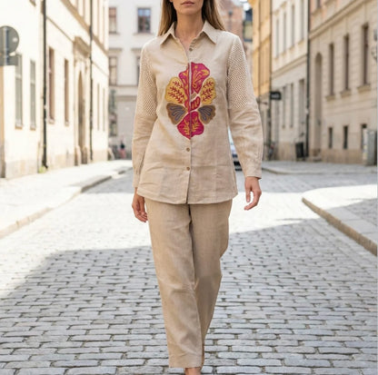 Elegant Beige Embroidered Jute Co-ord Set