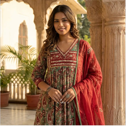 Beautiful Kalamkari Print Kurti Set with Kota Doriya Dupatta